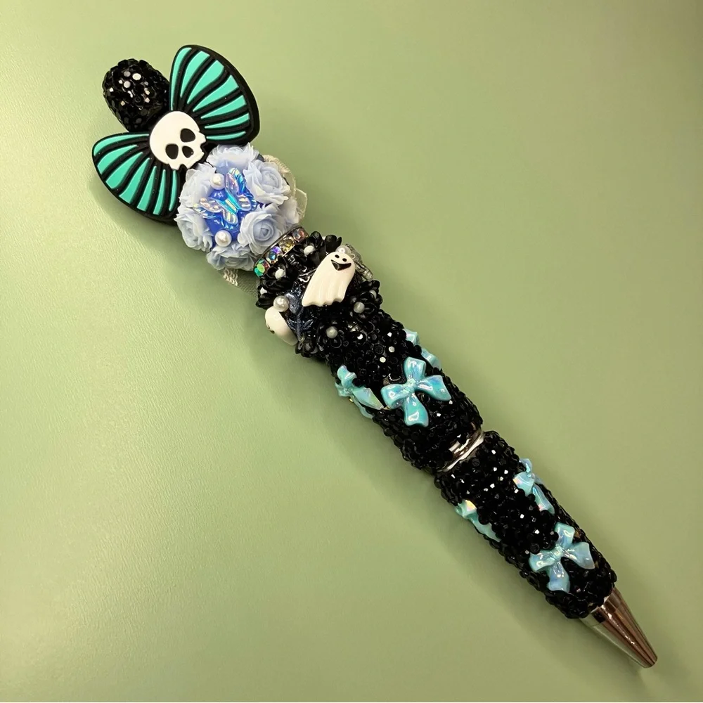 Blue and Black Skull Bow Floral Emo Aesthetic Rhinestone Handmade Beaded Pen